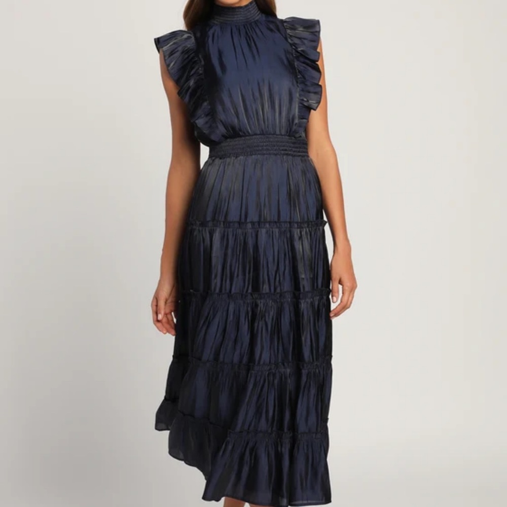Lulus Take a Glance Navy Blue Tiered Mock Neck Midi Dress